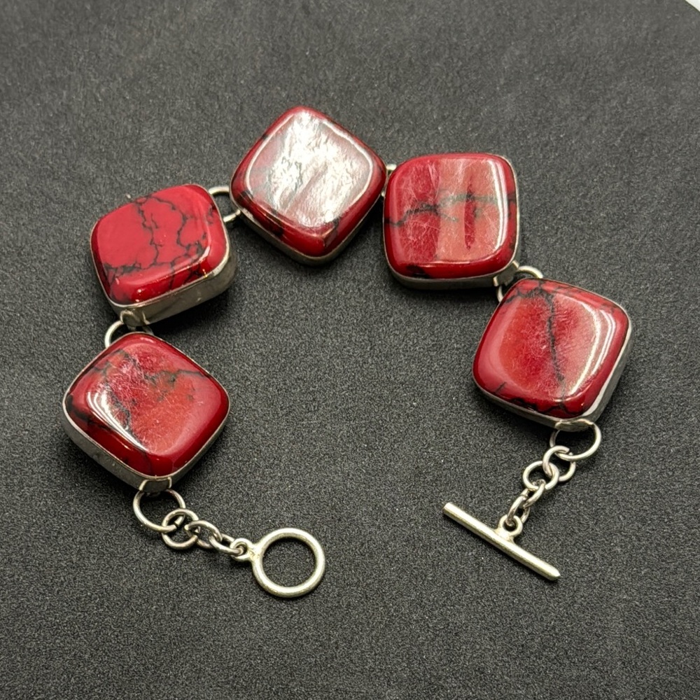 Huge Red Jasper Square Stone Heavy Sterling Silver Bracelet